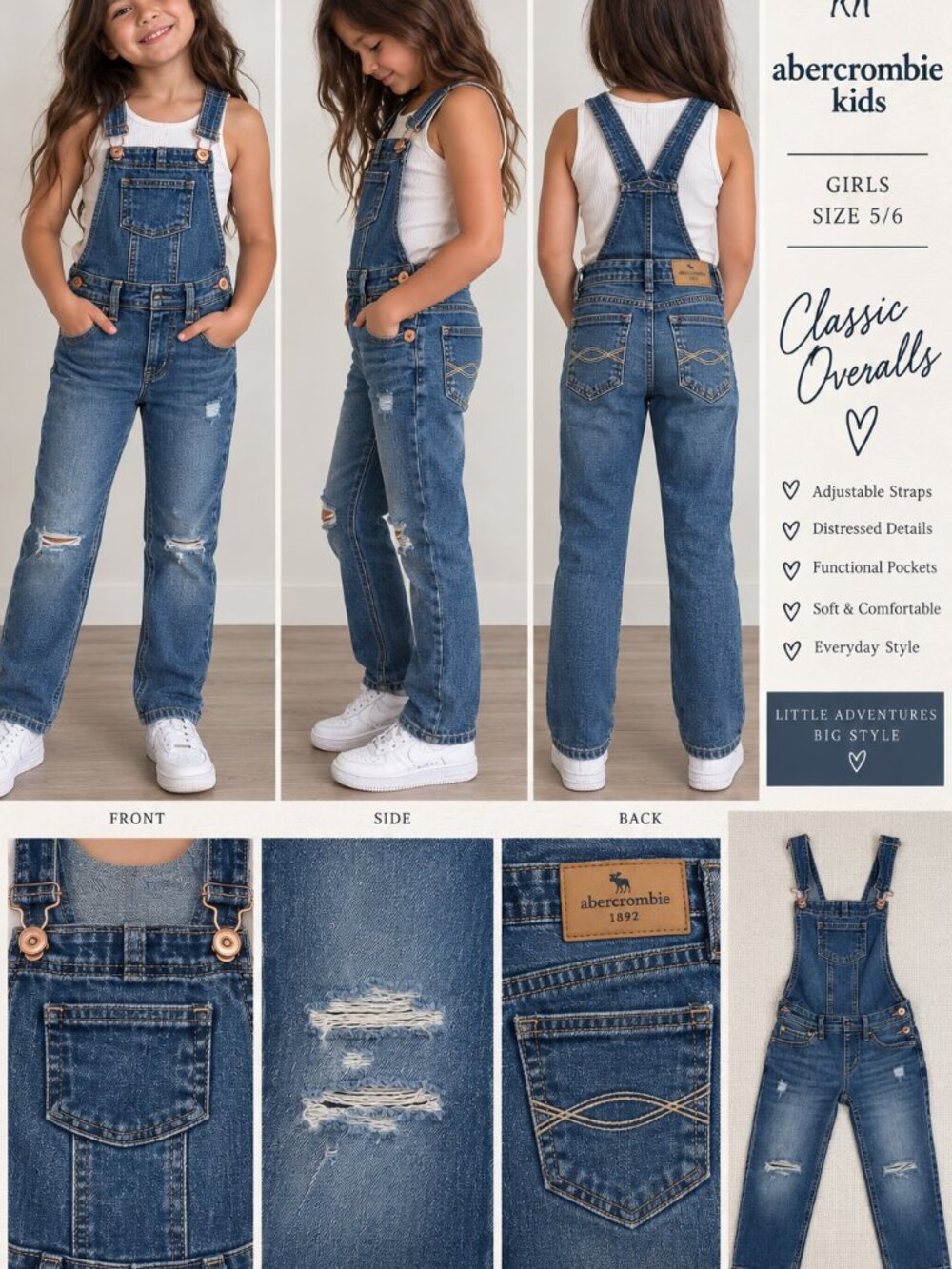 Abercrombie Kids Girls 5/6 Distressed Denim Overalls Blue Jean Adjustable Straps